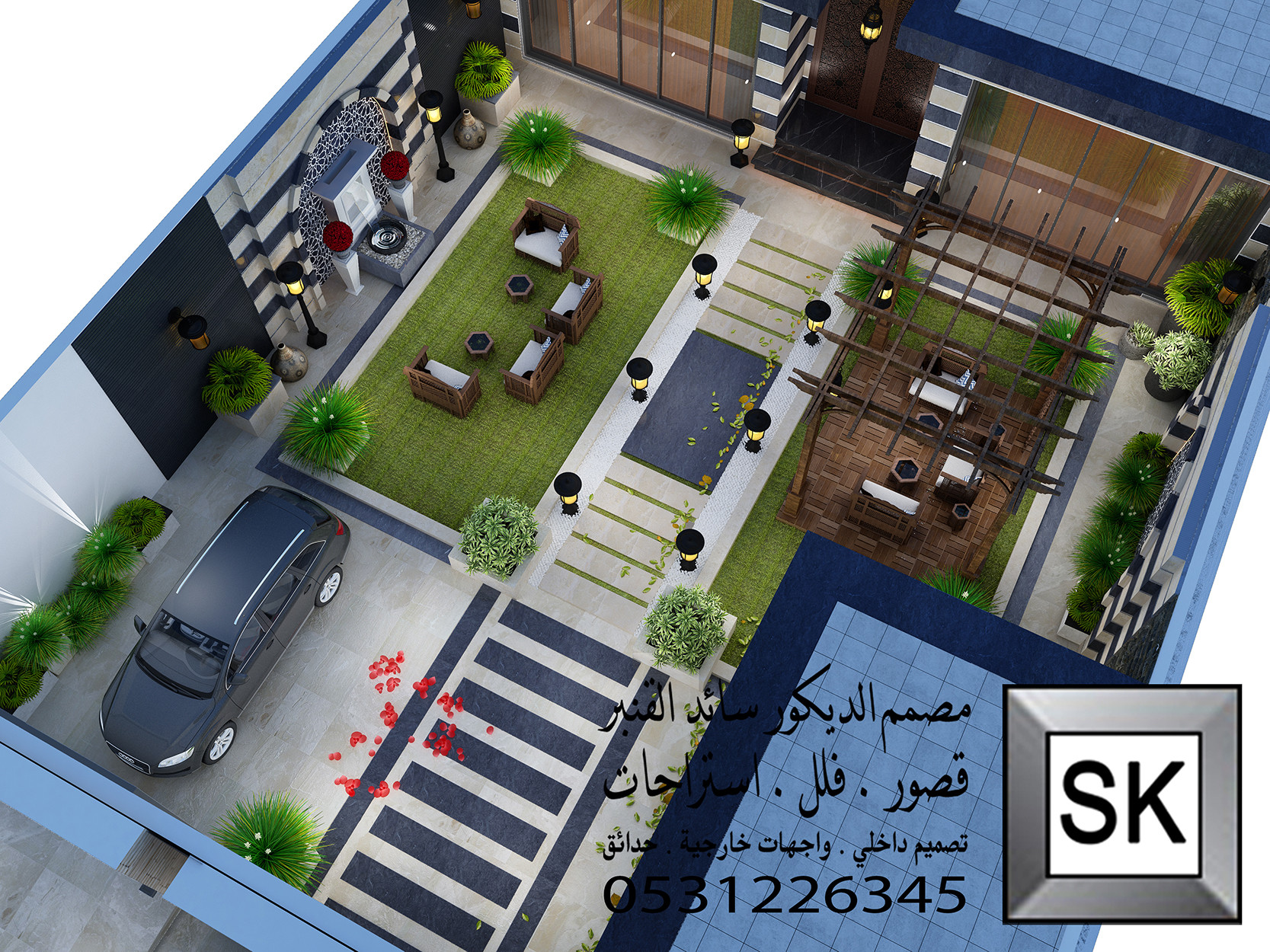 تصميم و تنفيذ لاندسكيب إستراحة على النمط الدمشقي في الرياض