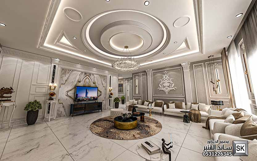 تصميم و تشطيب صالة عائلية على طراز نيوكلاسيك في الرياض