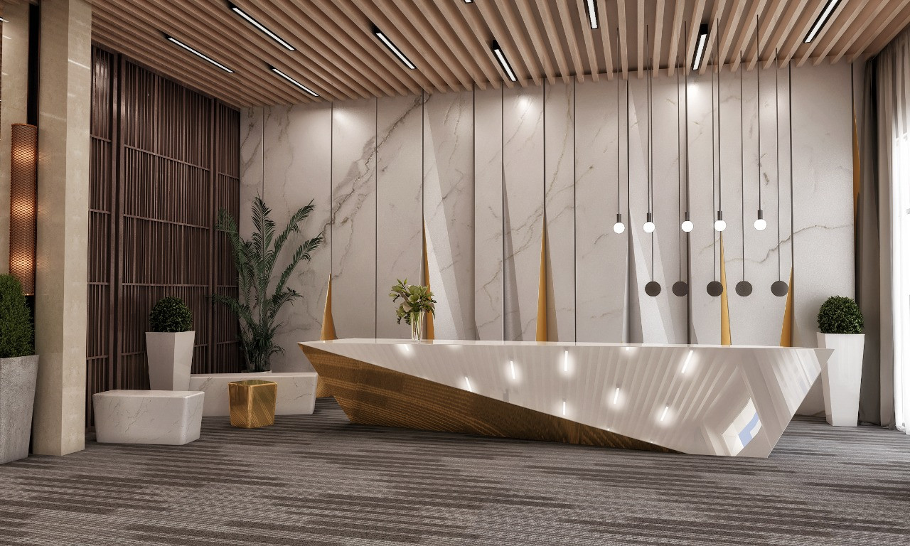 تصميم و تشطيب لوبي إستقبال فندقي فاخر في السعودية