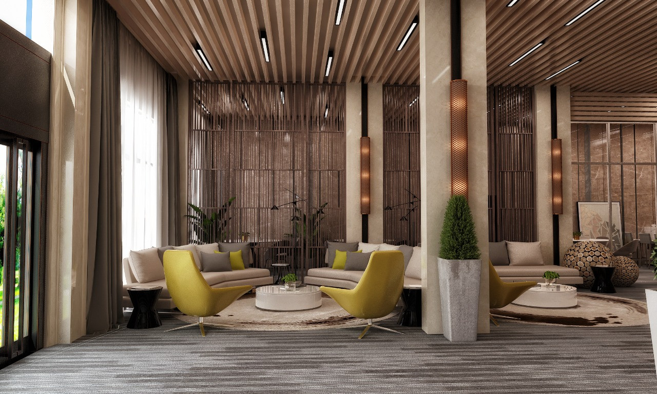 تصميم و تشطيب لوبي إستقبال فندقي فاخر في السعودية