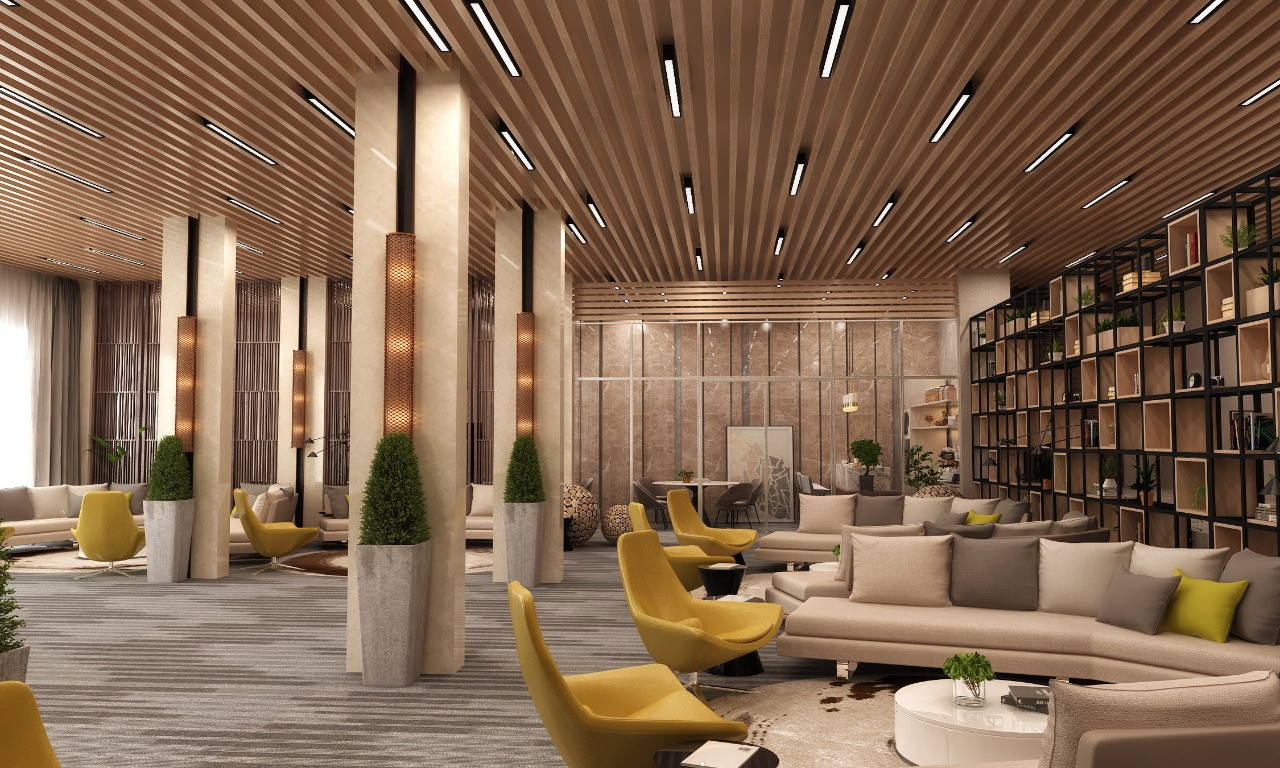تصميم و تشطيب لوبي إستقبال فندقي فاخر في السعودية