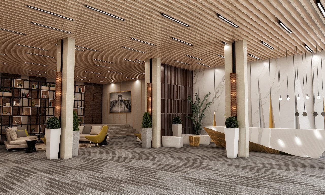 تصميم و تشطيب لوبي إستقبال فندقي فاخر في السعودية