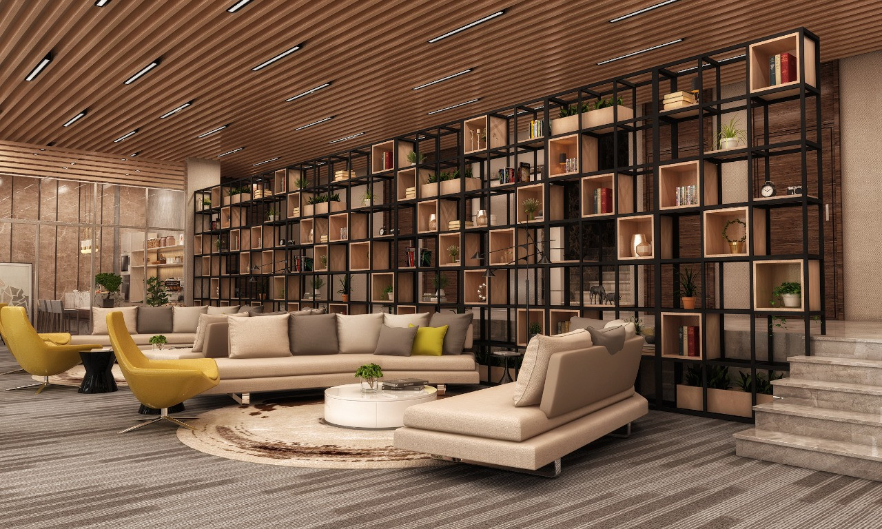 تصميم و تشطيب لوبي إستقبال فندقي فاخر في السعودية