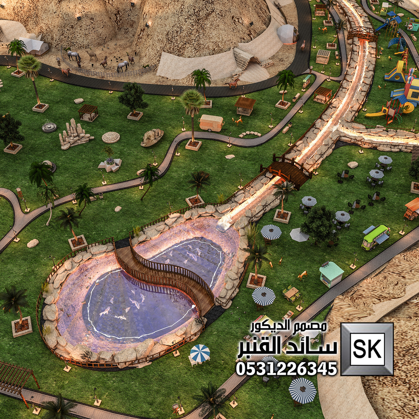 تصميم و تشطيب لاندسكيب منتجعات و مزارع و محميات و مخيمات في السعودية