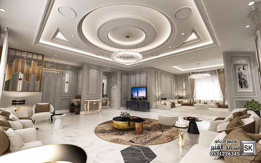 تصميم صالة معيشة فخمة في الرياض من أعمال مصمم الديكور سائد القنبر