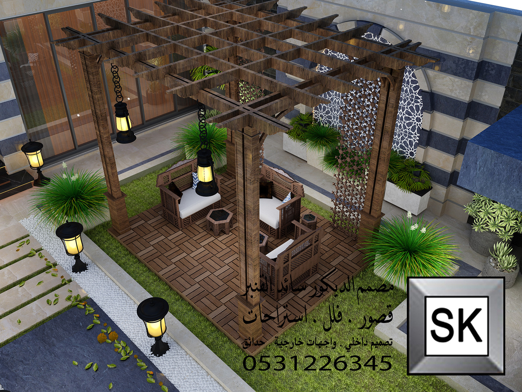 تنسيق حديقة إستراحة على النمط الدمشقي في الرياض 0531226345