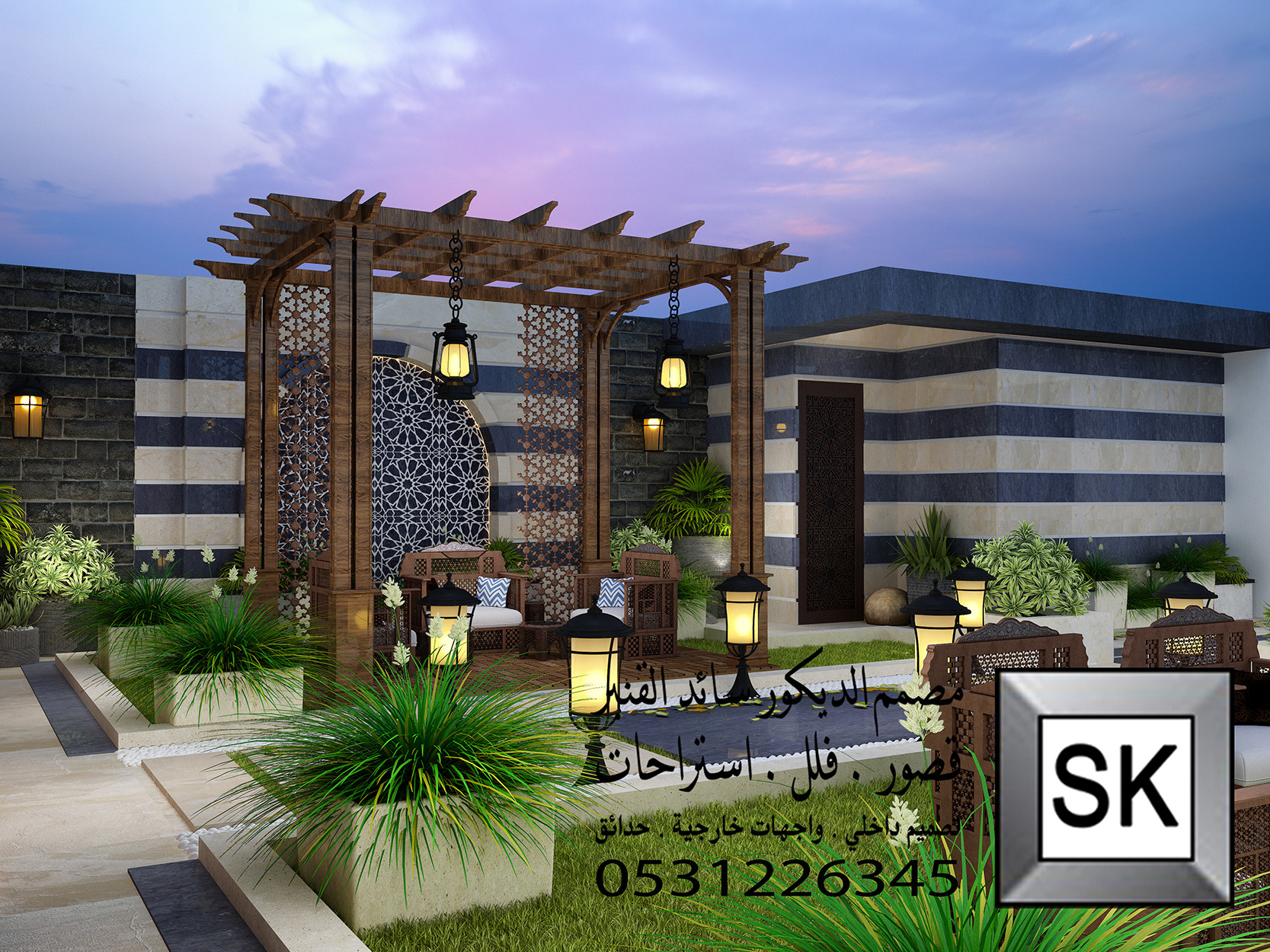 تنسيق حديقة إستراحة على النمط الدمشقي في الرياض 0531226345